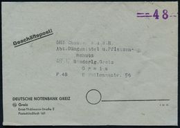 BANK / GELD : Greiz 1948 (ca.) Stummer Bar-Frankatur-Stempel: = 48 =  (Markenmangel), Firmen-Bf.: DEUTSCHE NOTENBANK GRE - Zonder Classificatie