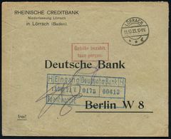 BANK / GELD : LÖRRACH/ **d 1923 (11.10.) 1K-Brücke + Roter Ra.2: Gebühr Bezahlt./ Taxe Percue = Hoch-Inflation (Markenma - Ohne Zuordnung