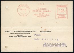 KUNSTSTOFFE & -FASERN / PLASTIK : BRUNN AM GEBIRGE/ "Akalit"/ Kunsthornwerke/ AG.. 1940 (21.5.) Seltener AFS Auf Firmen- - Chimie