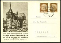 EVANGELISCHE SAKARALBAUTEN / KIRCHEN / DOME : Rostock Seestadt, Marienkirche/ ..Tag Der Briefmarke 1938 1939 (9.1.) PP 3 - Kirchen U. Kathedralen