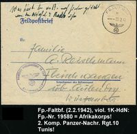 II. WELTKRIEG (1939 - 1945) : DEUTSCHES REICH 1942 (2.2.) 1K: FELDPOST/b/--- + Viol. 1K-HdN: Feldpostnummer 19 580 = Pan - Guerre Mondiale (Seconde)