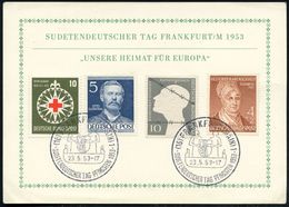 VERTRIEBENE / FLÜCHTLINGE : (16) FRANKFURT (MAIN) 1/ SUDETENDEUTSCHER TAG.. 1953 (23.5.) SSt Auf EF 10 Pf. Kriegsgefange - Réfugiés