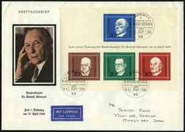 B.R.D.-BUNDESPRÄSIDENTEN & BUNDESKANZLER : B.R.D. 1968 (19.4.) Adenauer-Block (1. Todestag), EF + ET-SSt:. 53 BONN 1/GED - Autres & Non Classés