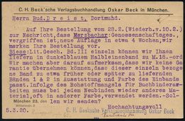VERLAG / HERAUSGEBER / EDITIONEN : MÜNCHEN/ *2* 1920 (6.3.) BdmaSt Auf Amtl. P 15 Pf. "Freisstaat" +  Rs. Abs.-Zudruck:  - Ohne Zuordnung