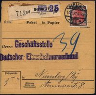 EISENBAHN (ALLGEMEIN) : BERLIN C./ *25m 1921 (16.8.) 1K-Gitter + Provis. Selbstbucher-Paketzettel: Berlin 16/ Deutscher  - Treinen