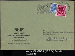 EISENBAHN (ALLGEMEIN) : Essen 1954 (18.3.) Vordr.-Bf.: GD BA, GEWERKSCHAFT DEUTSCHER EISENBAHNBEAMTEN.. (geflügeltes Rad - Treni