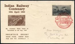 EISENBAHN-JUBILÄEN & SONDERFAHRTEN : INDIEN 1953 (16.4.) 2 A. "100 Jahre Indische Eisenbahn", EF = 2 Dampfloks + Roter E - Eisenbahnen