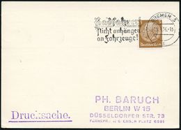 F A H R R A D  / INDUSTRIE & ZUBEHÖR : BREMEN 5/ Z/ Radfahrer!/ Nicht Anhängen/ An Fahrzeuge! 1936 (19.4.) MWSt (rechts  - Sonstige (Land)