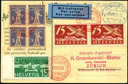 ERSTFLÜGE EUROPA (OHNE DEUTSCHLAND) : SCHWEIZ 1932 (26.8.) Europa Rundflug,3x Roter SSt.: GIRO AEREO D'EUROPA/1A POSTA/A - Other (Air)
