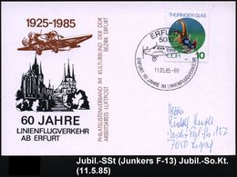 HUGO JUNKERS / JUNKERS-FLUGZEUGE : 5010 ERFURT 1/ ..50 JAHRE IM LINIENFLUGVERKEHR 1985 (11.5.) SSt = Junkers "F-13" Klar - Flugzeuge