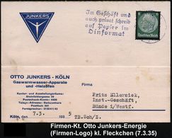 HUGO JUNKERS / JUNKERS-FLUGZEUGE : Köln 1935 (7.3.) Firmen-Kt.: OTTO JUNKERS - KÖLN, Gaswarmwasser-Apparate U. Heizöfen. - Flugzeuge