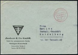 HUGO JUNKERS / JUNKERS-FLUGZEUGE : (14a) STUTTGART 8/ Z/ BEZAHLT 1950 (13.9.) 2K-Steg-PFS 4 Pf. Auf Firmen-Bf.: Junkers  - Airplanes