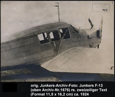 HUGO JUNKERS / JUNKERS-FLUGZEUGE : DEUTSCHES REICH 1925 (ca.) Orig. S/w.-Archiv-Foto: Junkers "F-13" Mit Vermerk "Prof.  - Aerei