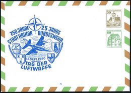 MILITÄRFLUGWESEN / MILITÄRFLUGZEUGE : Kalkar 1980 (13.9.) PU 30 Pf. + 50 Pf. Burgen: /50 JAHRE KALKAR, 25 JAHRE BUNDESWE - Flugzeuge