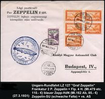 ZEPPELINPOST / ZEPPELIN-BELEGE : UNGARN 1931 (28.3.) Ungarnfahrt LZ 127, Zepp.-Marke 2 P. + 5x 4 F. Flp. (Mi.47) + Blaue - Zeppeline