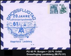 FLUG-MEETINGS & FLIEGERTREFFEN : Landsberg 1977 (Sept.) PU 40 Pf. Burgen, Blaugrün + 25 Pf. Unfall: GROSSFLUGTAG, 20 JAH - Flugzeuge