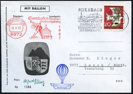 BALLON / BALLON-FELDPOST : 816 MIESBACH/ ..BAYER.ALPEN 1963 (20.8.) MWSt + AFS Ohne Wertrahmen Als Lande-Stpl.: 8972 SON - Luchtballons