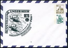 HELIKOPTER / HUBSCHRAUBERPOST : B.R.D. 1978 PU 30 Pf. Burgen + 25 Pf. Unfall: AUSSTELLUNG "UNSER HEER", PANZERABWEHRHUBS - Helicopters