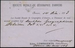 GEOGRAFIE / LANDKARTEN : BELGIEN 1893 (14.12.) Amtl. Ausl.-P 10 C. Leopold + Rs. Zudruck: SOCIETE ROYALE DE GEOGRAPHIE D - Geography