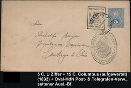 CHRISTOPH KOLUMBUS : PARAGUAY 1892 5 C. U Wappenlöwe, Blau + Schw. Aufwertungs-Handstempel: Christoph Columbus + Ovaler  - Christoph Kolumbus