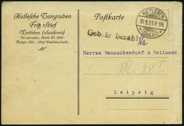 TON / STEINGUT / KACHELOFEN : NIETLEBEN/ *(SAALKR.)* 1923 (30.9.) 1K-Gitter + Schw.1L: Gebühr Bezahlt A.Vordr-Kt: Halles - Porzellan