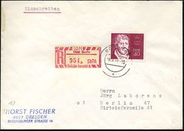 DEUTSCHSPRACHIGE DICHTER & LITERATUR : D.D.R. 1973 (8.4.) 40 Pf. "Georg W. F. Hegel", EF + Einschreibemarke 50 Pf. /1066 - Schriftsteller