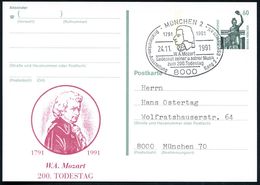 WOLFGANG AMADEUS MOZART : 8000 MÜNCHEN 2/ W.A.Mozart/ ..200 Todestag 1991 (24.11.) SSt (Kopfbild) Auf Amtl. P 60 Pf. Bav - Music