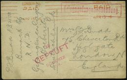KGF-POST I.WELTKRIEG (1914-18) : DÖBERITZ/ F.A./ 15/ GEPRÜFT 1916 (13.4.) Roter Zensur-4L + Ra.: Kriegsgefangnensendung  - Croix-Rouge