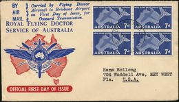 MEDIZIN / GESUNDHEITSWESEN : AUSTRALIEN 1957 (21.8.) 7 P. "Flying Doctors", 4er-Block + Sonderflug-HdN: Carried By Flyin - Geneeskunde