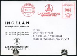 PHARMAZIE / MEDIKAMENTE : (22b) INGELHEIM (RHEIN) 1/ C.H.BOEHRINGER SOHN.. 1953 (2.7.) AFS (Firmen-Logo) Auf (halber) Re - Farmacia