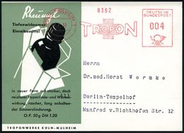 PHARMAZIE / MEDIKAMENTE : KÖLN-MÜLHEIM 1/ TROPON 1953 (7.7.) AFS (Firmen-Logo: Rotes Kreuz) Auf Zweifarbiger Reklame-Kt. - Pharmacie