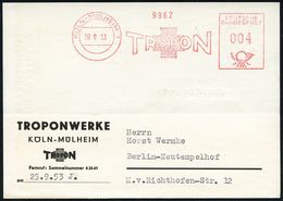 PHARMAZIE / MEDIKAMENTE : KÖLN-MÜLHEIM 1/ TROPON 1953 (30.9.) AFS (Firmen-Logo: Rotes Kreuz) Motivgl. Firmen-Kt.: Rezept - Pharmacie