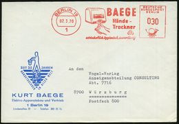 HYGIENE / KÖRPERPFLEGE : 1 BERLIN 19/ BAEGE/ Hande-/ Trockner/ VDE/ ..hygienisch.. 1970 (2.3.) AFS  M I T  VDE-Logo = El - Pharmazie