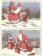 2 CPA Fantaisie à Système - Joyeux Noël  Dorures Brillants - Père Noël - Jouets - Poupée - Ane - Santa Claus