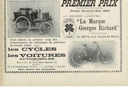 Ancienne Pub Automobile Voiture  & Vélo Georges Richard à Paris Auteuil,1er Prix Marseille-Nice 1898 - Publicidad