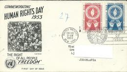 New York – UN - FDC - Lettre/Letter Via Slovenia Yugoslavia 1953.nice Stamps Motive 1953 Human Rights Day - Brieven En Documenten