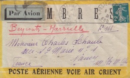 N° 239 2f Vert Semeuse Seul Sur Lettre, Poste Aérienne Beyrouth-Marseille En FM Obl. Poste Aux Armée 600 Le 9/10/31 - Cartas & Documentos