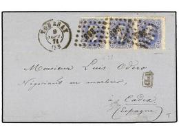 BELGICA. Of.31 (3). 1871. TOURNAY To CADIZ (Spain). Folded Letter Franked With Strip Of Three 20 Cts. Blue Stamps, Tied  - Sonstige & Ohne Zuordnung