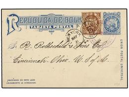 BOLIVIA. Sc.41. 1894. COCHABAMBA A U.S.A. Entero Postal De 2 Ctvos. Azul Con Franqueo Adicional De 2 Ctvos. Naranja. - Altri & Non Classificati