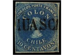 ° CHILE. Sc.12. 1862. 10 Ctvos. Azul, Mat. Lineal HUASCO. Muy Bonito. - Sonstige & Ohne Zuordnung