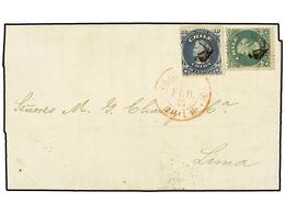 CHILE. Sc.18, 19. 1873. VALPARAISO A LIMA. 10 Cts. Azul Y 20 Cts. Verde, Mat. De CORCHO Y Fechador VALPARAISO/CHILE. Tri - Otros & Sin Clasificación