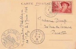 CARTE EXPOSITION PHILATELIQUE METZ 1938 TIMBRE CHOMEURS - Commemorative Postmarks
