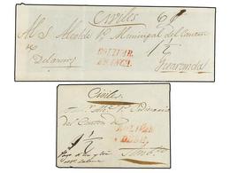ECUADOR. (1845 CA.). Dos Cartas Con Marcas BOLIVAR/DEBE Y BOLIVAR/FRANCA Ambas En Rojo. - Altri & Non Classificati