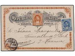 ECUADOR. 1896. Entero Postal De 2 Ctvos. Con Franqueo Adicional De 1 Ctvo. Azul, MataselladoTRANSIT/PANAMA Circulado A A - Andere & Zonder Classificatie