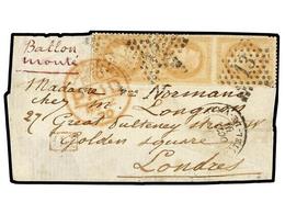 FRANCIA. 1870 (22 Oct.). PARIS To LONDON. BALLOON 'LE GARIBALDI'. Wrapper (without Text) Franked With Strip Of Three 10  - Sonstige & Ohne Zuordnung
