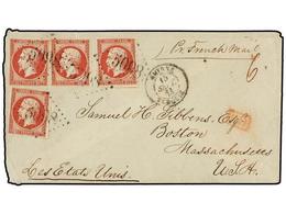 LEVANTE: CORREO FRANCES. 1862. SMYRNE To U.S.A. Envelope Franked With Four French 80 Cts. Rose Stamps Tied By 5098 Grill - Sonstige & Ohne Zuordnung