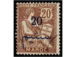 ° MARRUECOS FRANCES. Yv.31b. 1911-17. 20 Cts. Castaño Lila 'DOS PUNTOS EN LUGAR DE TRES'.  Cat. 100€. - Other & Unclassified