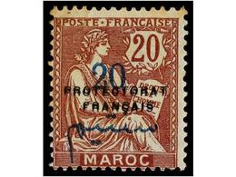 (*) MARRUECOS FRANCES. Yv.43c. 1914-21. 20 Cts. Azul SOBRECARGA DOBLE, Sin Goma. F. J. F. BRUN. Cat. 300€. - Other & Unclassified