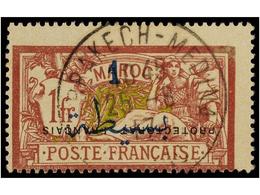 ° MARRUECOS FRANCES. Yv.51a. 1914-21. 1 Fr. Carmín Y Oliva, SOBRECARGA INVERTIDA. Cat. 325€. - Altri & Non Classificati