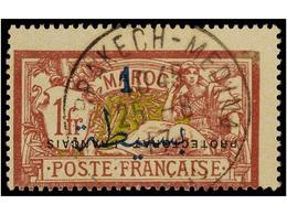 ° MARRUECOS FRANCES. Yv.51a. 1914-21. 1 Fr. Carmín Y Oliva, SOBRECARGA INVERTIDA. Cat. 325€. - Other & Unclassified